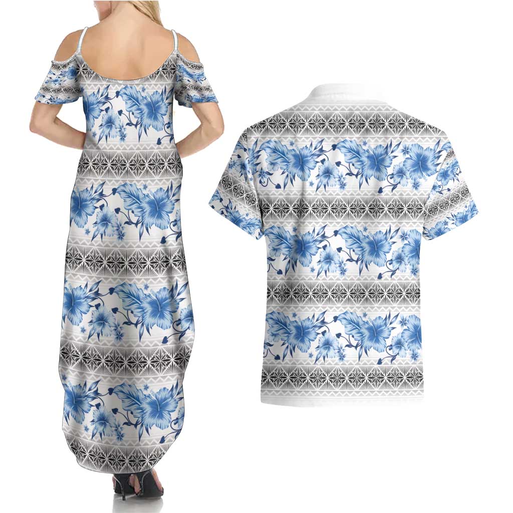 Samoa White Sunday Couples Matching Summer Maxi Dress and Hawaiian Shirt Samoan Tapa Blue Hibiscus - Polynesian Pride