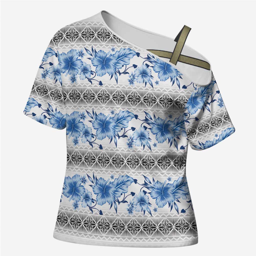 Samoa White Sunday Cross Shoulder Shirt Samoan Tapa Blue Hibiscus - Polynesian Pride