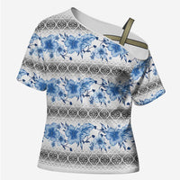 Samoa White Sunday Cross Shoulder Shirt Samoan Tapa Blue Hibiscus - Polynesian Pride
