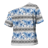 Samoa White Sunday Cross Shoulder Shirt Samoan Tapa Blue Hibiscus - Polynesian Pride
