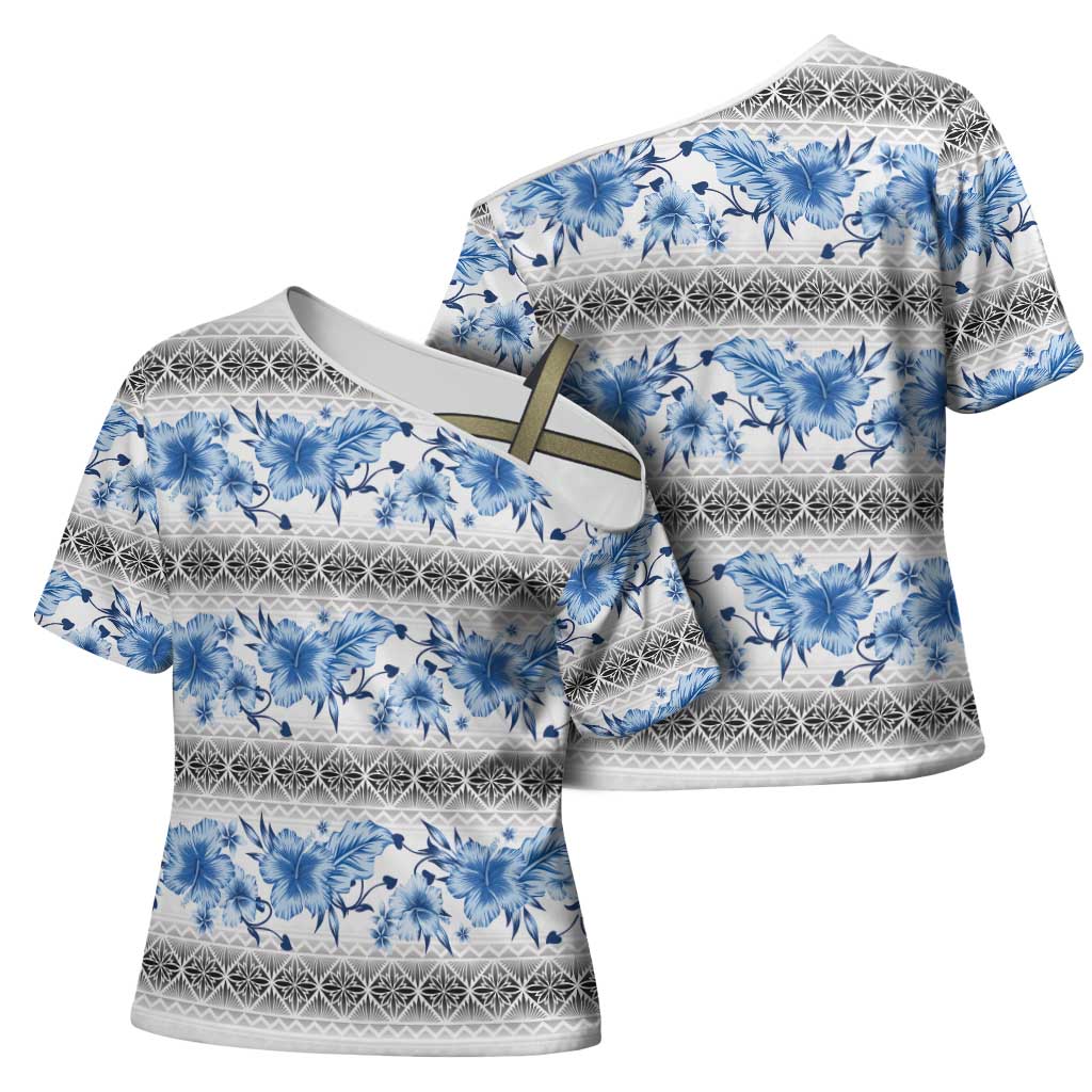 Samoa White Sunday Cross Shoulder Shirt Samoan Tapa Blue Hibiscus - Polynesian Pride
