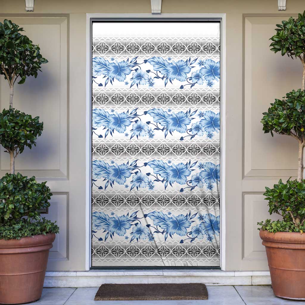 Samoa White Sunday Door Cover Samoan Tapa Blue Hibiscus - Polynesian Pride