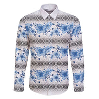 Samoa White Sunday Family Matching Long Sleeve Bodycon Dress and Hawaiian Shirt Samoan Tapa Blue Hibiscus - Polynesian Pride