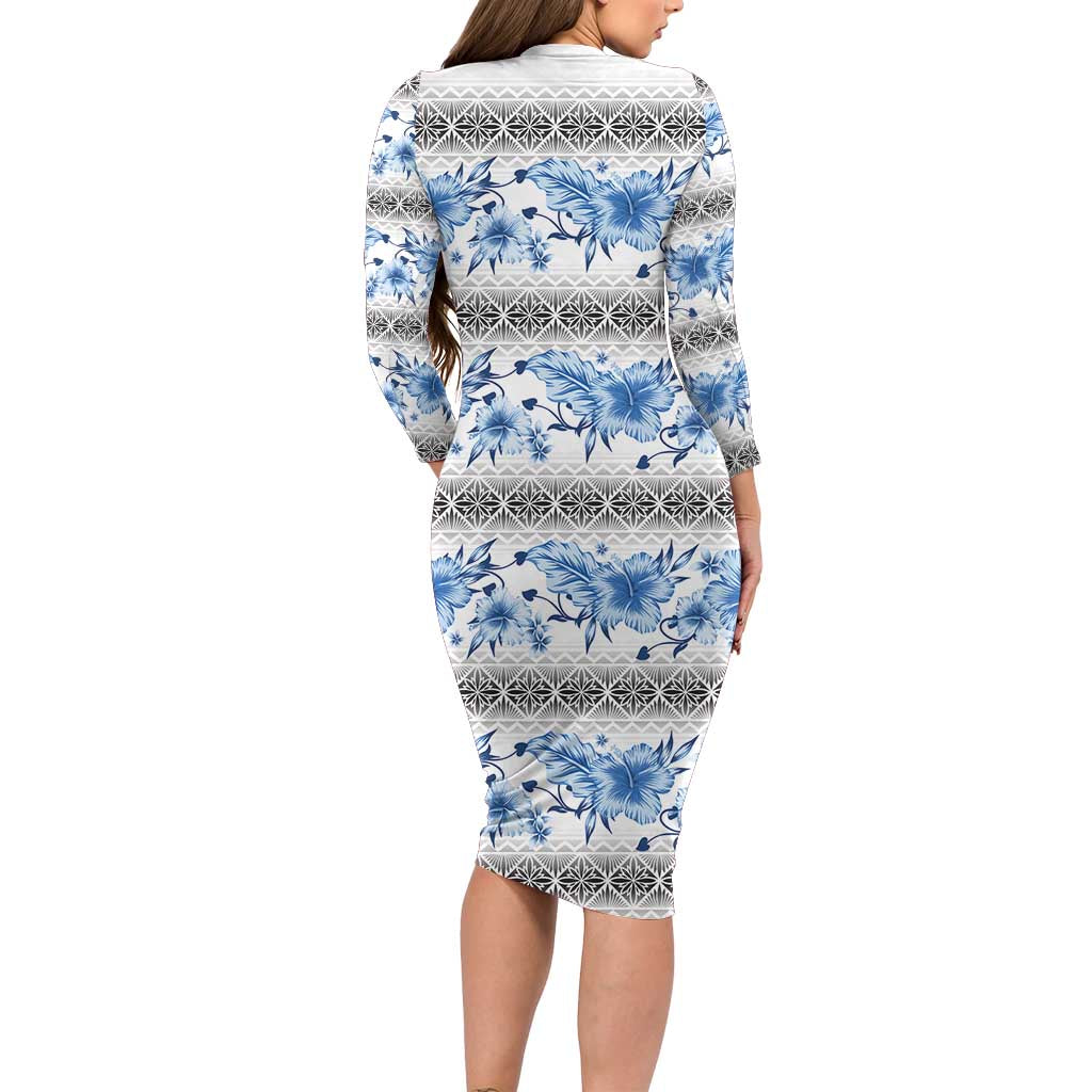 Samoa White Sunday Family Matching Long Sleeve Bodycon Dress and Hawaiian Shirt Samoan Tapa Blue Hibiscus - Polynesian Pride