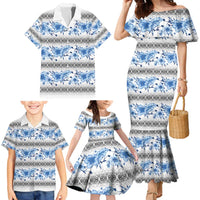 Samoa White Sunday Family Matching Mermaid Dress and Hawaiian Shirt Samoan Tapa Blue Hibiscus - Polynesian Pride