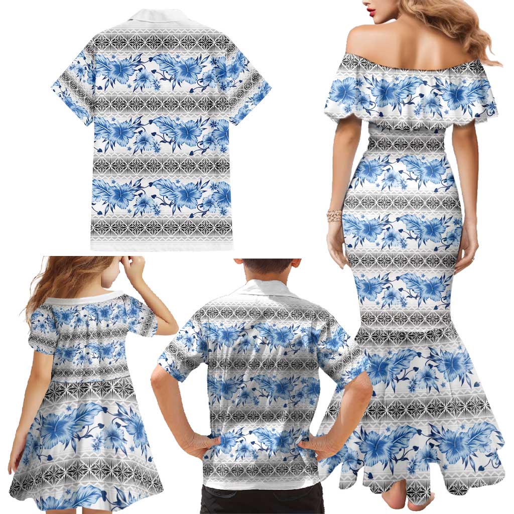 Samoa White Sunday Family Matching Mermaid Dress and Hawaiian Shirt Samoan Tapa Blue Hibiscus - Polynesian Pride
