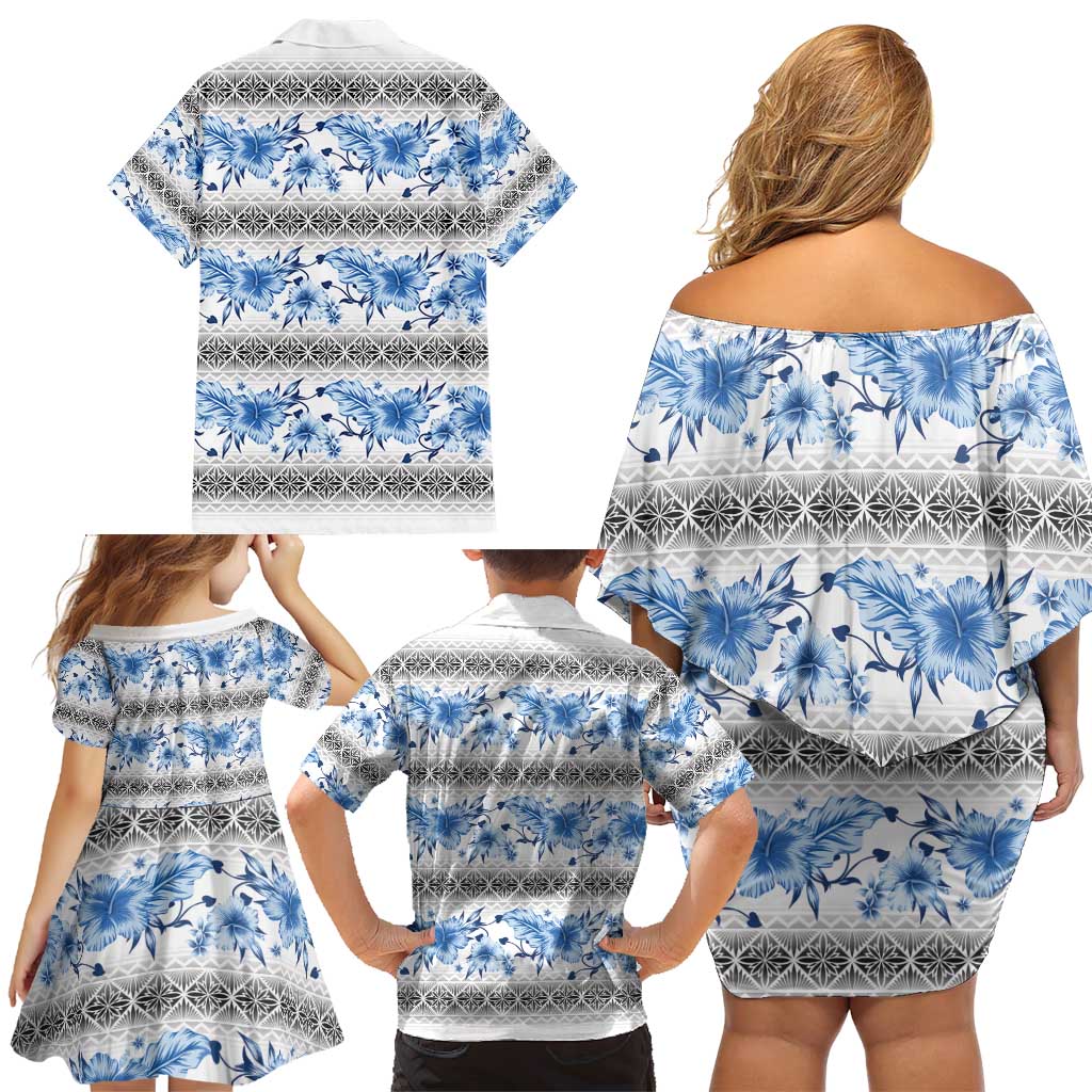 Samoa White Sunday Family Matching Off Shoulder Short Dress and Hawaiian Shirt Samoan Tapa Blue Hibiscus - Polynesian Pride