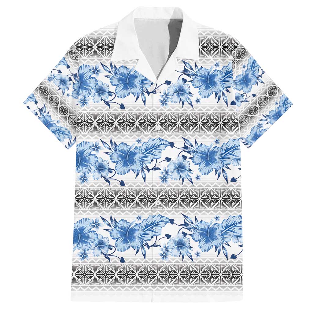 Samoa White Sunday Family Matching Off Shoulder Short Dress and Hawaiian Shirt Samoan Tapa Blue Hibiscus - Polynesian Pride