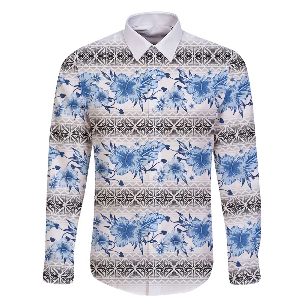 Samoa White Sunday Family Matching Off Shoulder Short Dress and Hawaiian Shirt Samoan Tapa Blue Hibiscus - Polynesian Pride