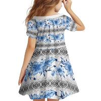 Samoa White Sunday Family Matching Short Sleeve Bodycon Dress and Hawaiian Shirt Samoan Tapa Blue Hibiscus - Polynesian Pride