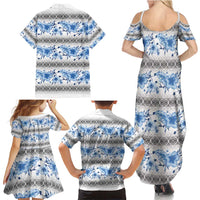 Samoa White Sunday Family Matching Summer Maxi Dress and Hawaiian Shirt Samoan Tapa Blue Hibiscus - Polynesian Pride