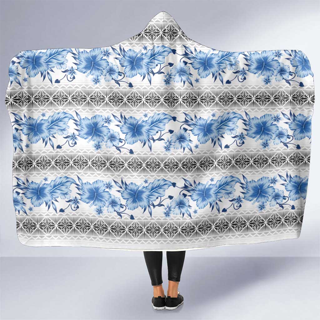 Samoa White Sunday Hooded Blanket Samoan Tapa Blue Hibiscus - Polynesian Pride