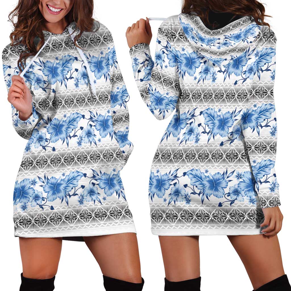 Samoa White Sunday Hoodie Dress Samoan Tapa Blue Hibiscus - Polynesian Pride