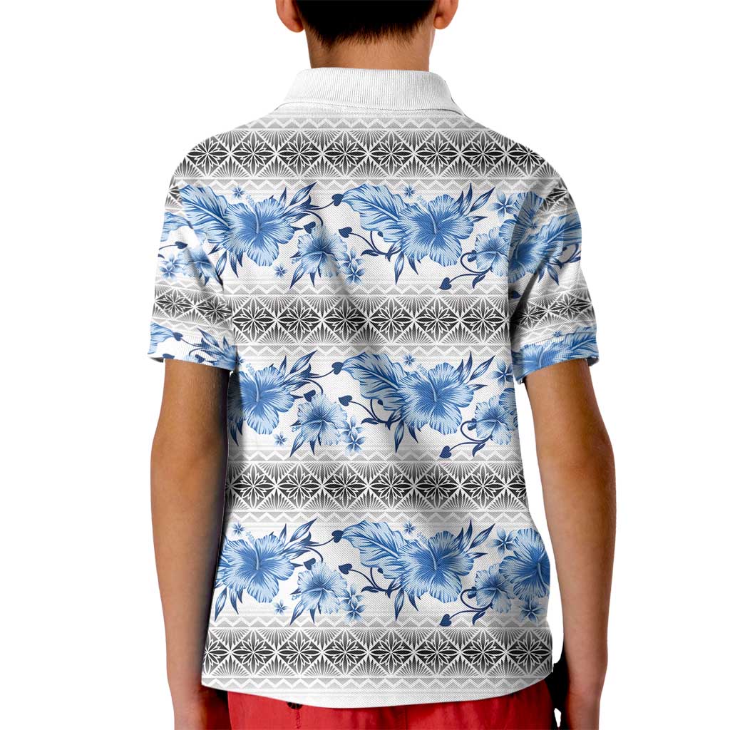 Samoa White Sunday Kid Polo Shirt Samoan Tapa Blue Hibiscus - Polynesian Pride
