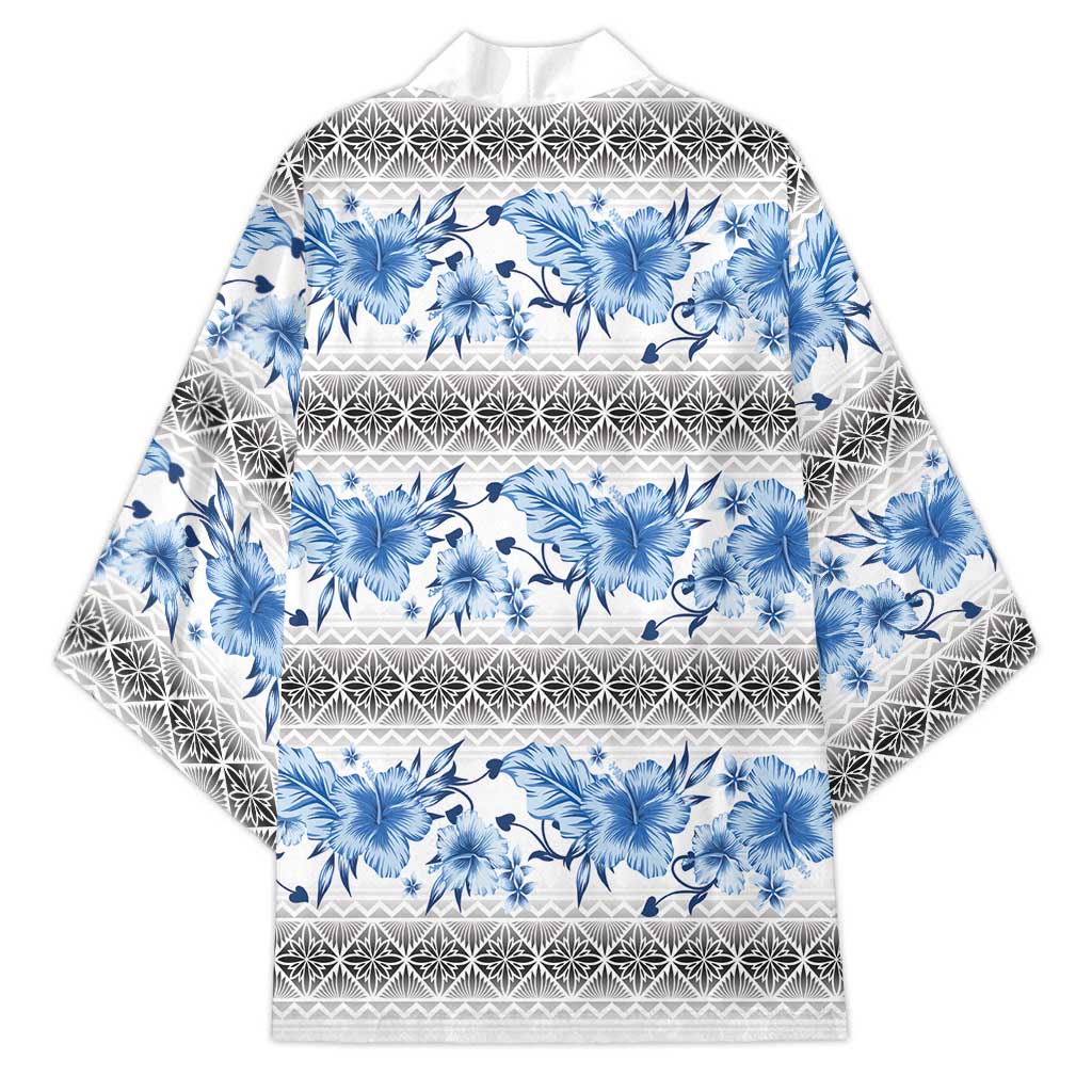 Samoa White Sunday Kimono Samoan Tapa Blue Hibiscus - Polynesian Pride