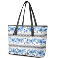 Samoa White Sunday Leather Tote Bag Samoan Tapa Blue Hibiscus - Polynesian Pride