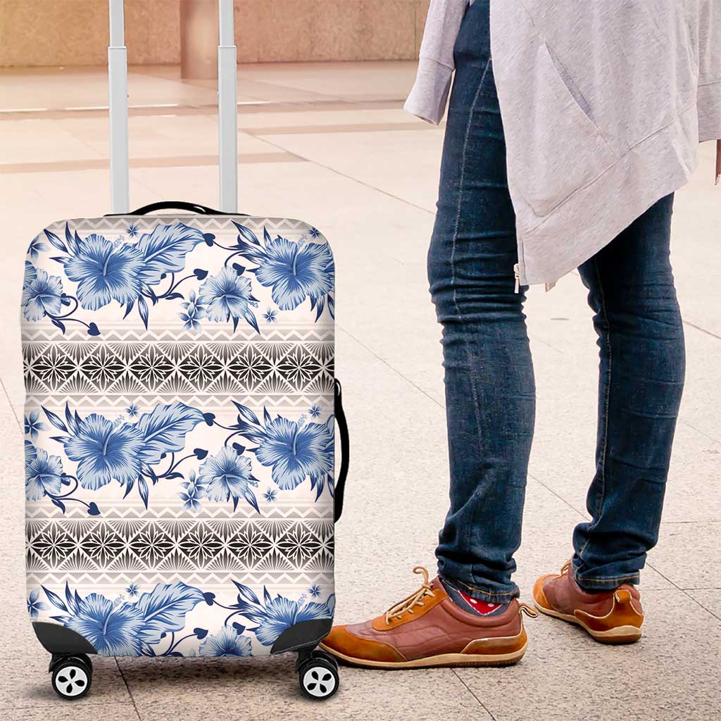 Samoa White Sunday Luggage Cover Samoan Tapa Blue Hibiscus - Polynesian Pride