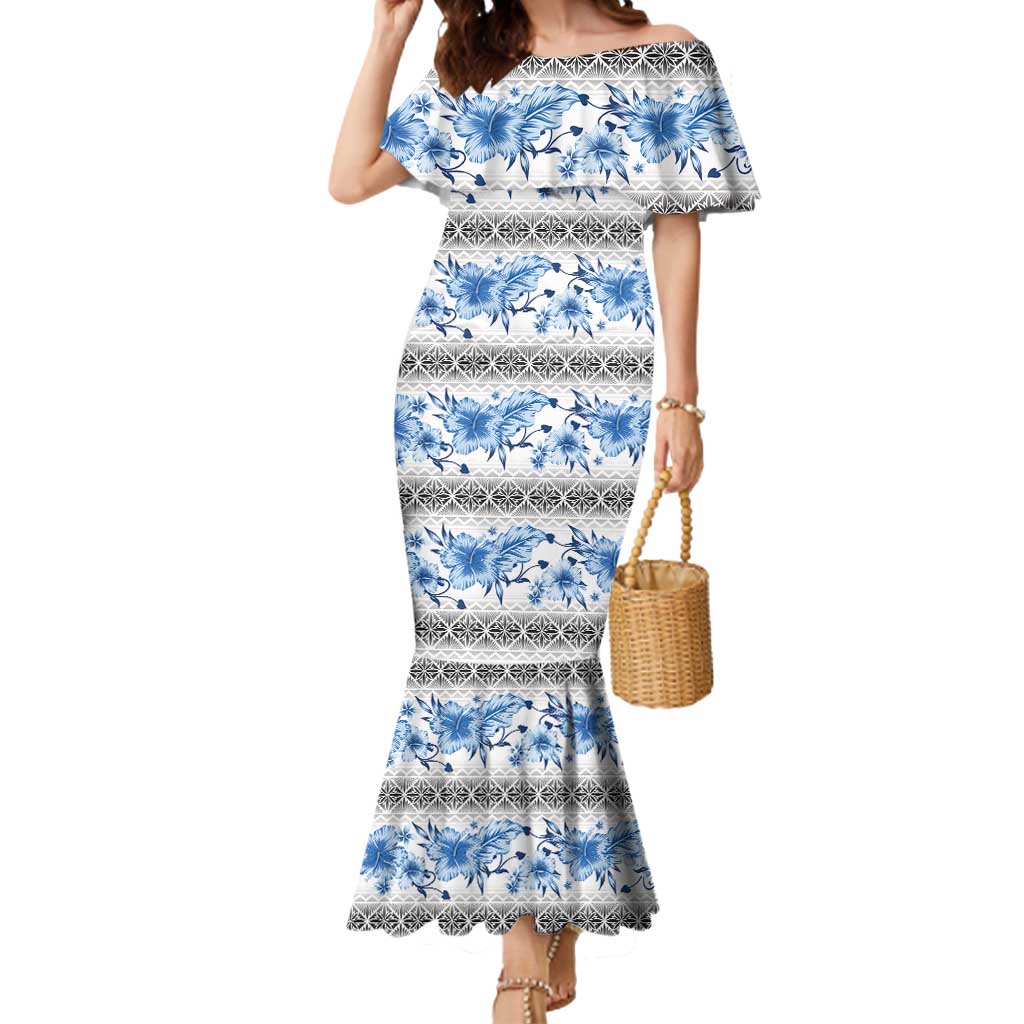 Samoa White Sunday Mermaid Dress Samoan Tapa Blue Hibiscus - Polynesian Pride