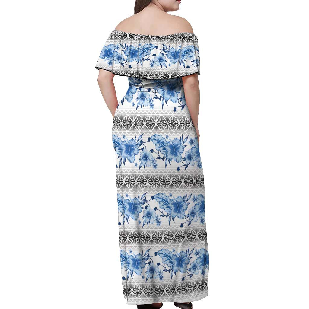 Samoa White Sunday Off Shoulder Maxi Dress Samoan Tapa Blue Hibiscus - Polynesian Pride