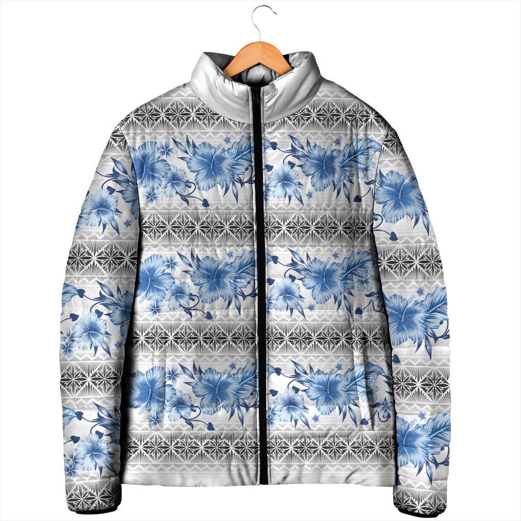 Samoa White Sunday Padded Jacket Samoan Tapa Blue Hibiscus - Polynesian Pride