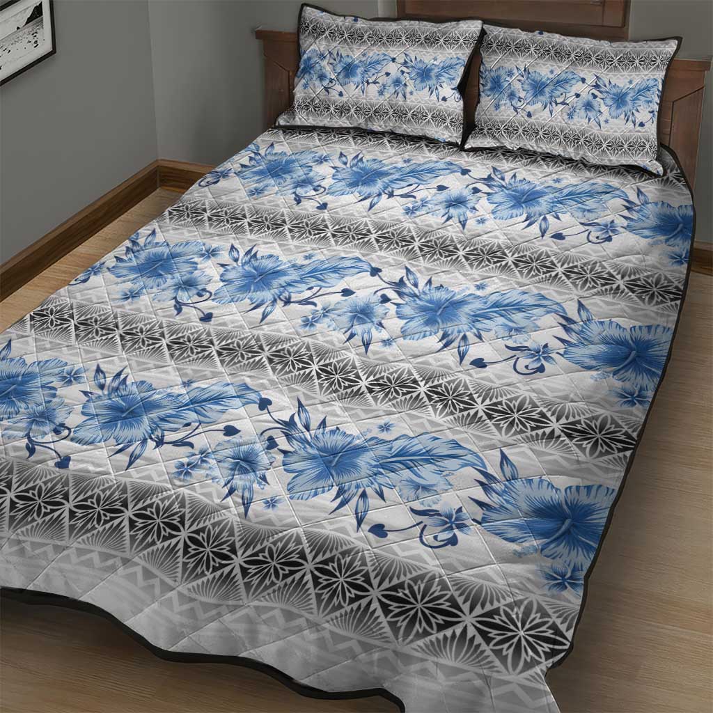 Samoa White Sunday Quilt Bed Set Samoan Tapa Blue Hibiscus - Polynesian Pride