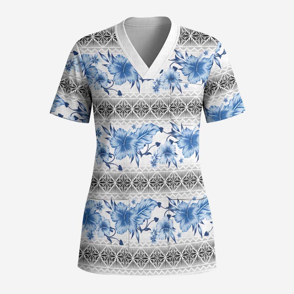 Samoa White Sunday Scrub Top Samoan Tapa Blue Hibiscus - Polynesian Pride