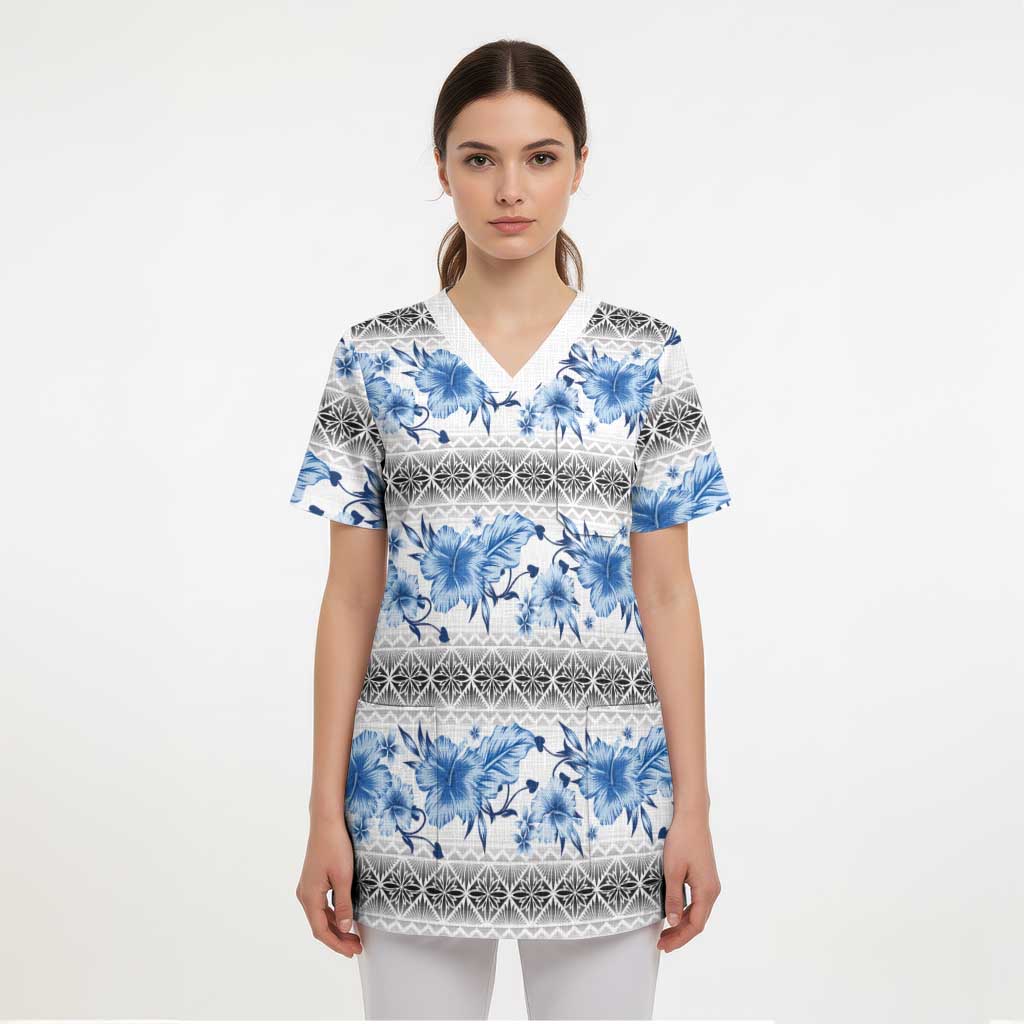 Samoa White Sunday Scrub Top Samoan Tapa Blue Hibiscus - Polynesian Pride