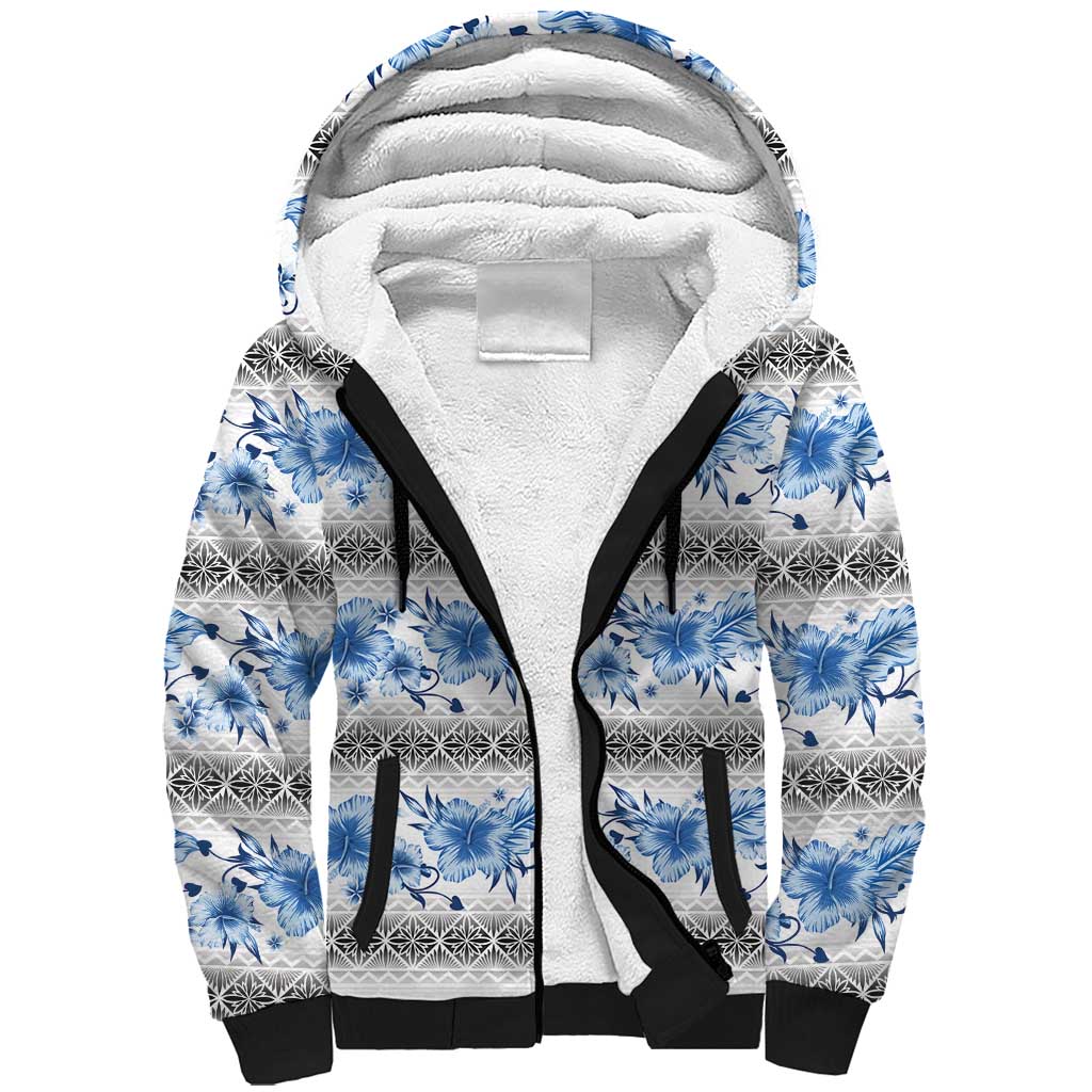 Samoa White Sunday Sherpa Hoodie Samoan Tapa Blue Hibiscus - Polynesian Pride