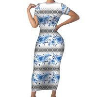 Samoa White Sunday Short Sleeve Bodycon Dress Samoan Tapa Blue Hibiscus - Polynesian Pride