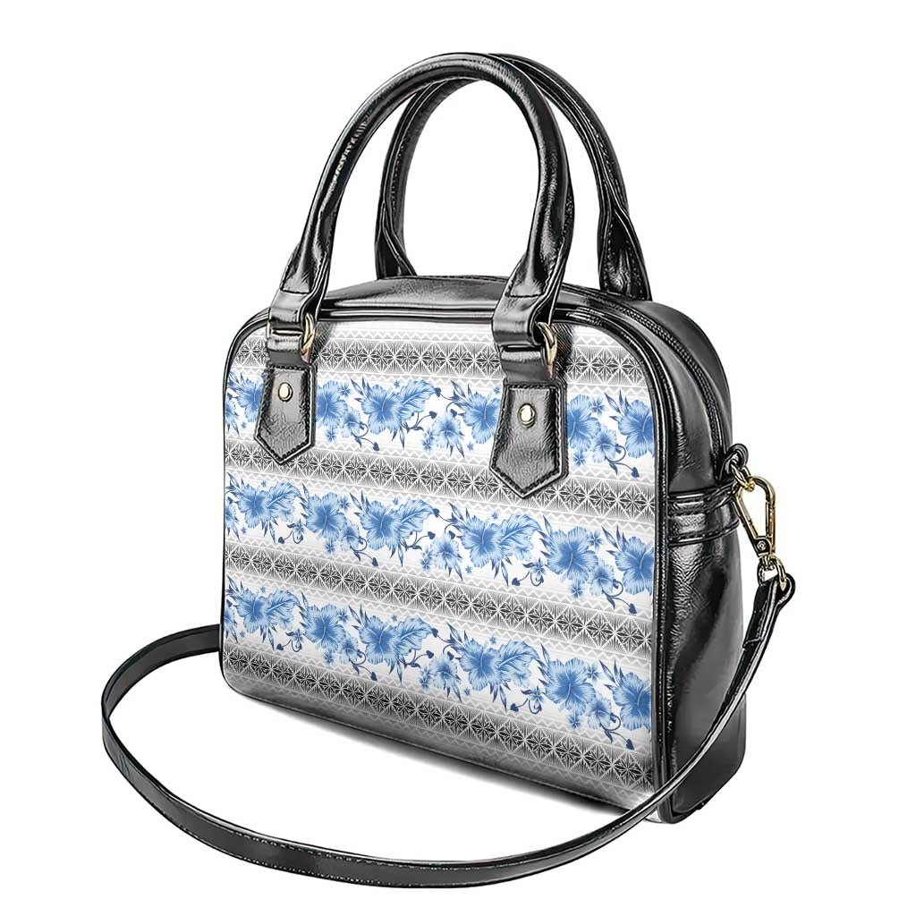 Samoa White Sunday Shoulder Handbag Samoan Tapa Blue Hibiscus - Polynesian Pride