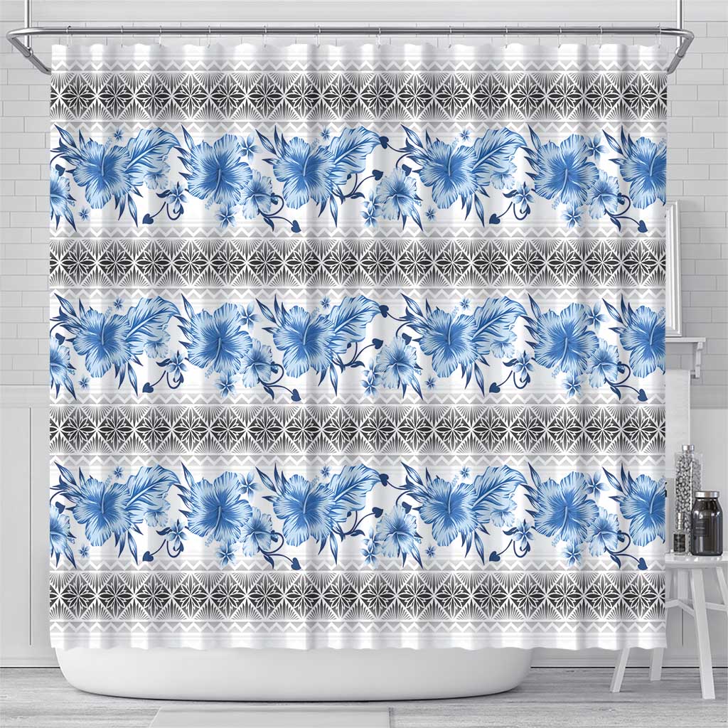 Samoa White Sunday Shower Curtain Samoan Tapa Blue Hibiscus - Polynesian Pride