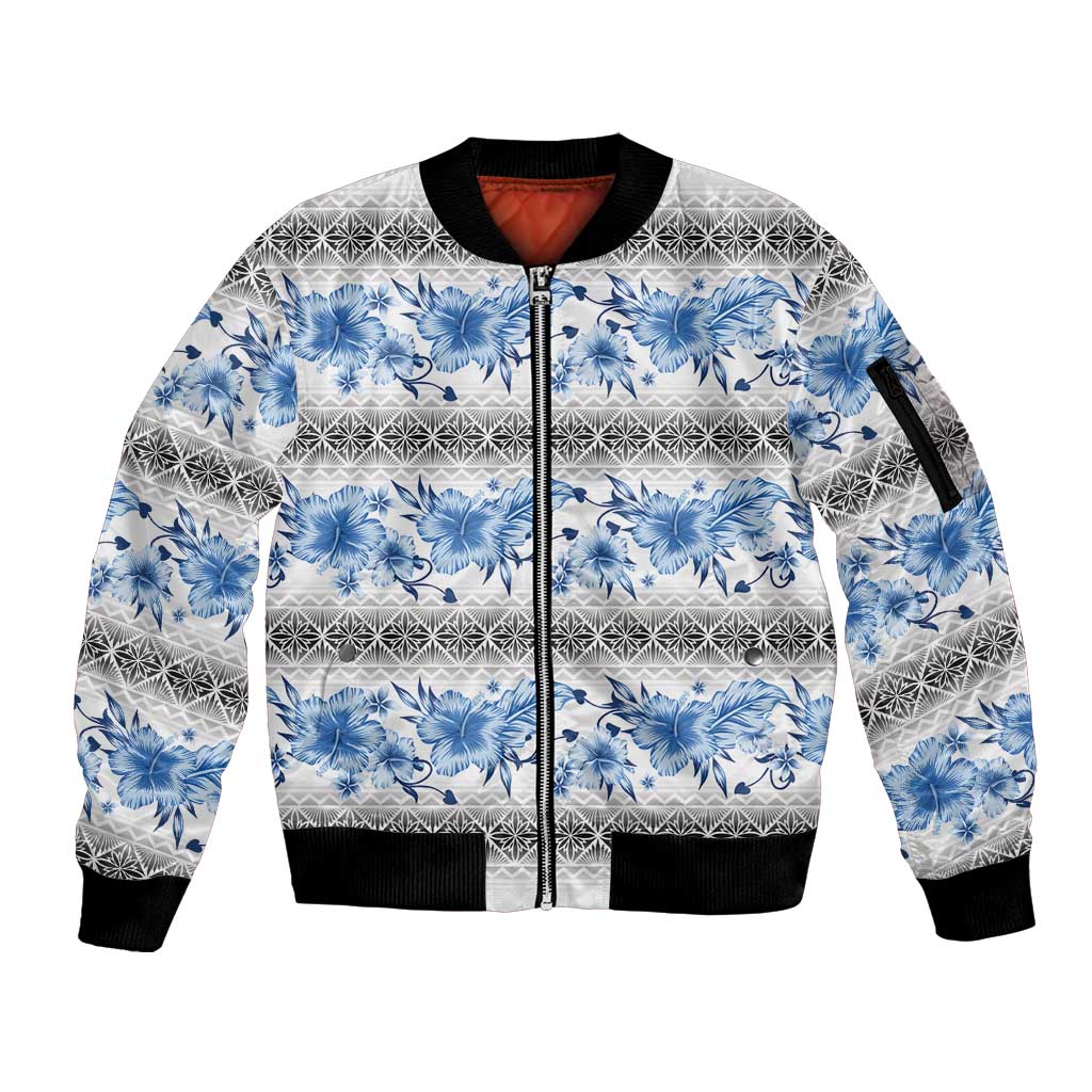 Samoa White Sunday Sleeve Zip Bomber Jacket Samoan Tapa Blue Hibiscus - Polynesian Pride