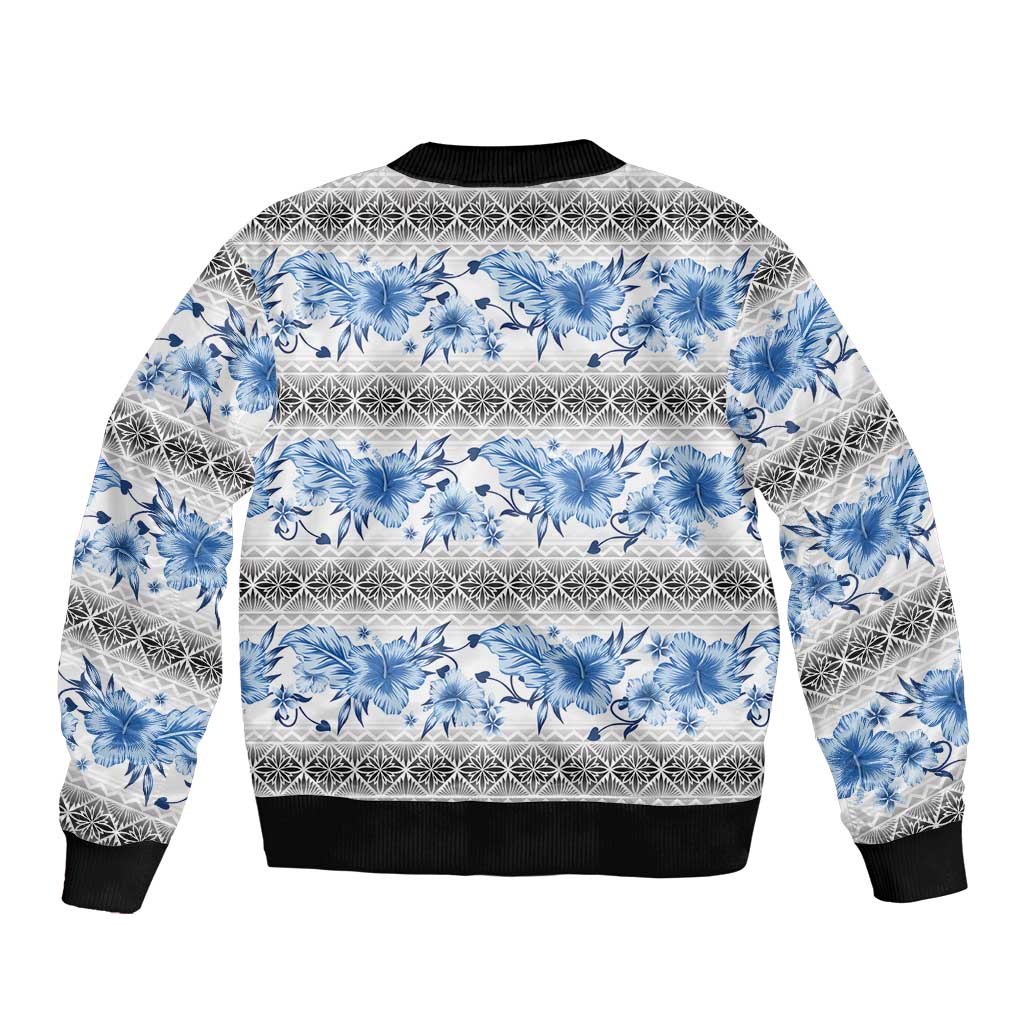 Samoa White Sunday Sleeve Zip Bomber Jacket Samoan Tapa Blue Hibiscus - Polynesian Pride