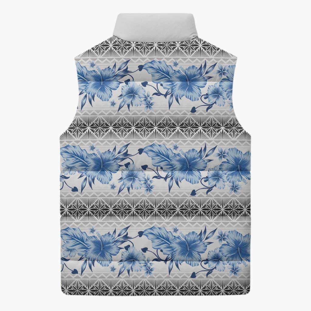 Samoa White Sunday Sleeveless Puffer Jacket Samoan Tapa Blue Hibiscus - Polynesian Pride