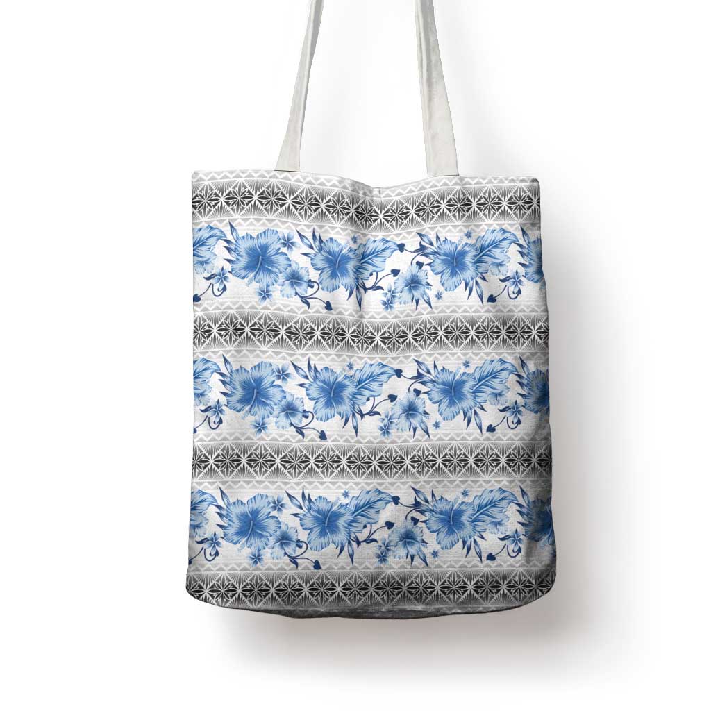 Samoa White Sunday Tote Bag Samoan Tapa Blue Hibiscus - Polynesian Pride