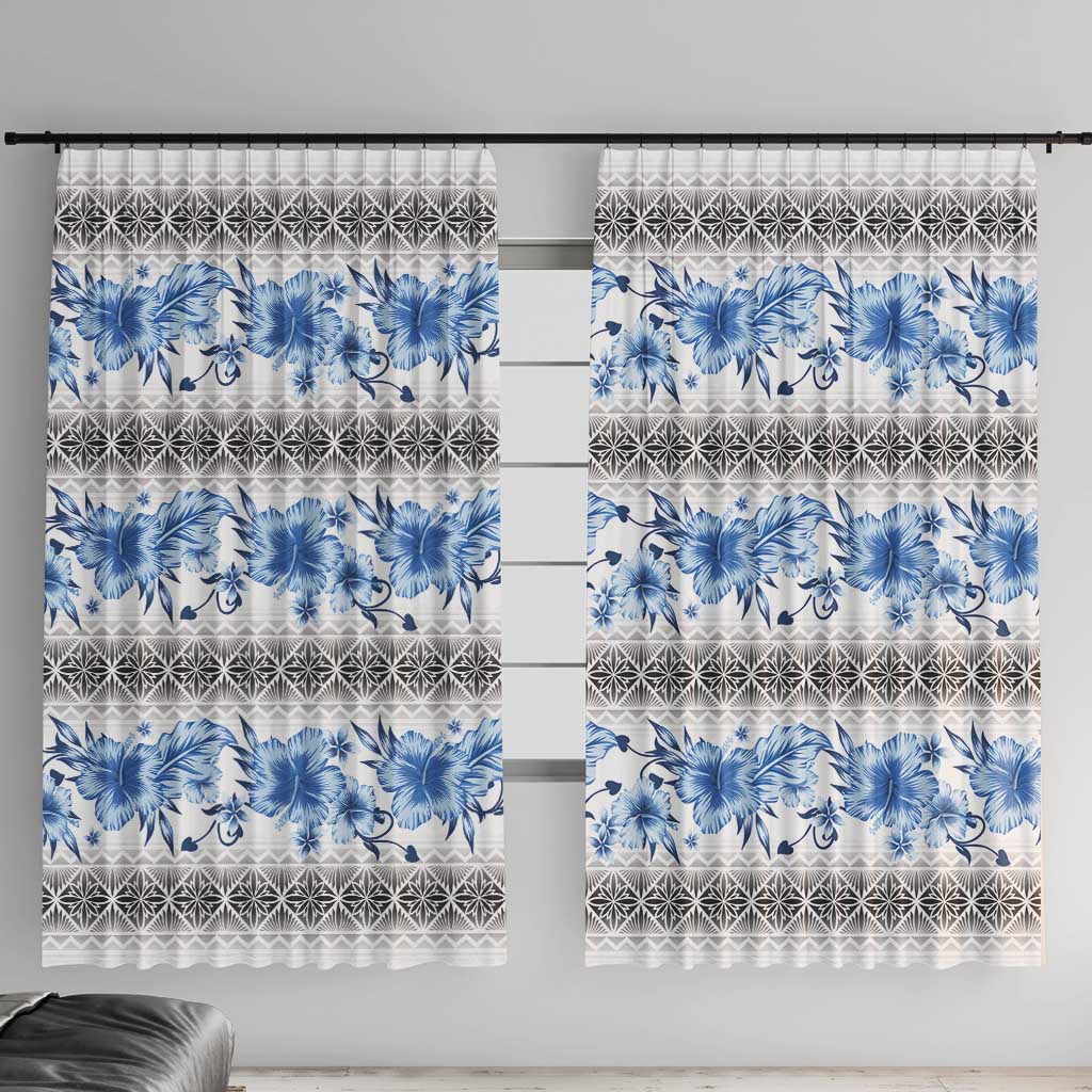 Samoa White Sunday Window Curtain Samoan Tapa Blue Hibiscus - Polynesian Pride