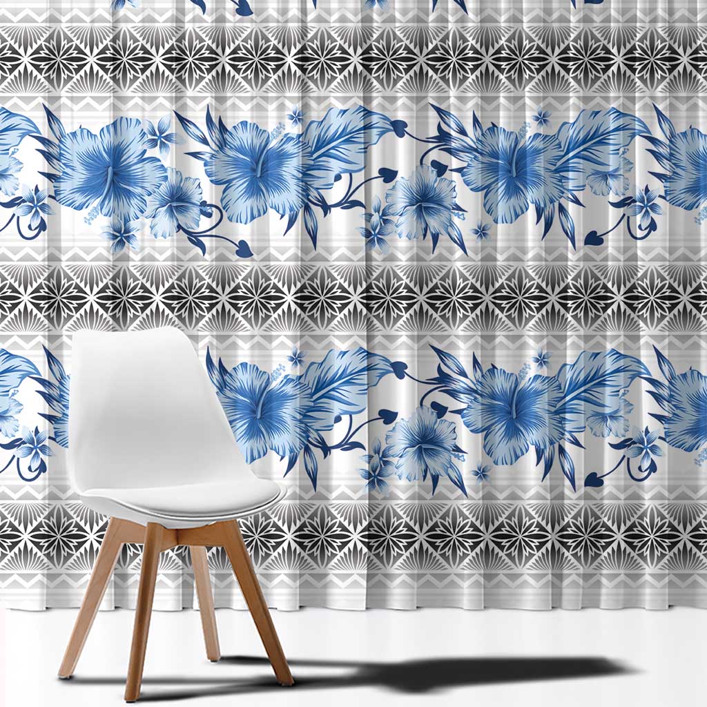 Samoa White Sunday Window Curtain Samoan Tapa Blue Hibiscus - Polynesian Pride