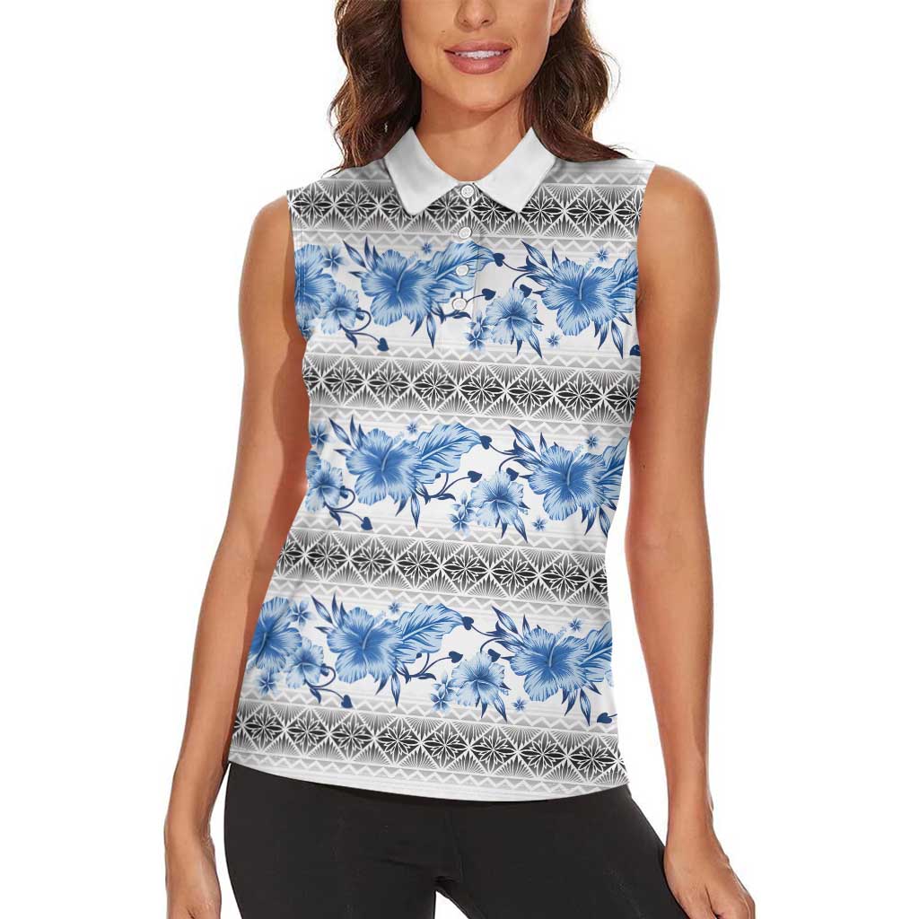 Samoa White Sunday Women Sleeveless Polo Shirt Samoan Tapa Blue Hibiscus - Polynesian Pride