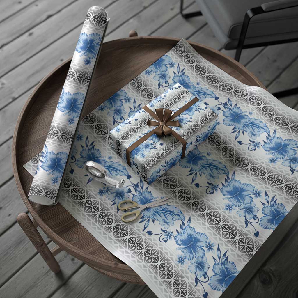 Samoa White Sunday Wrapping Paper Samoan Tapa Blue Hibiscus - Polynesian Pride