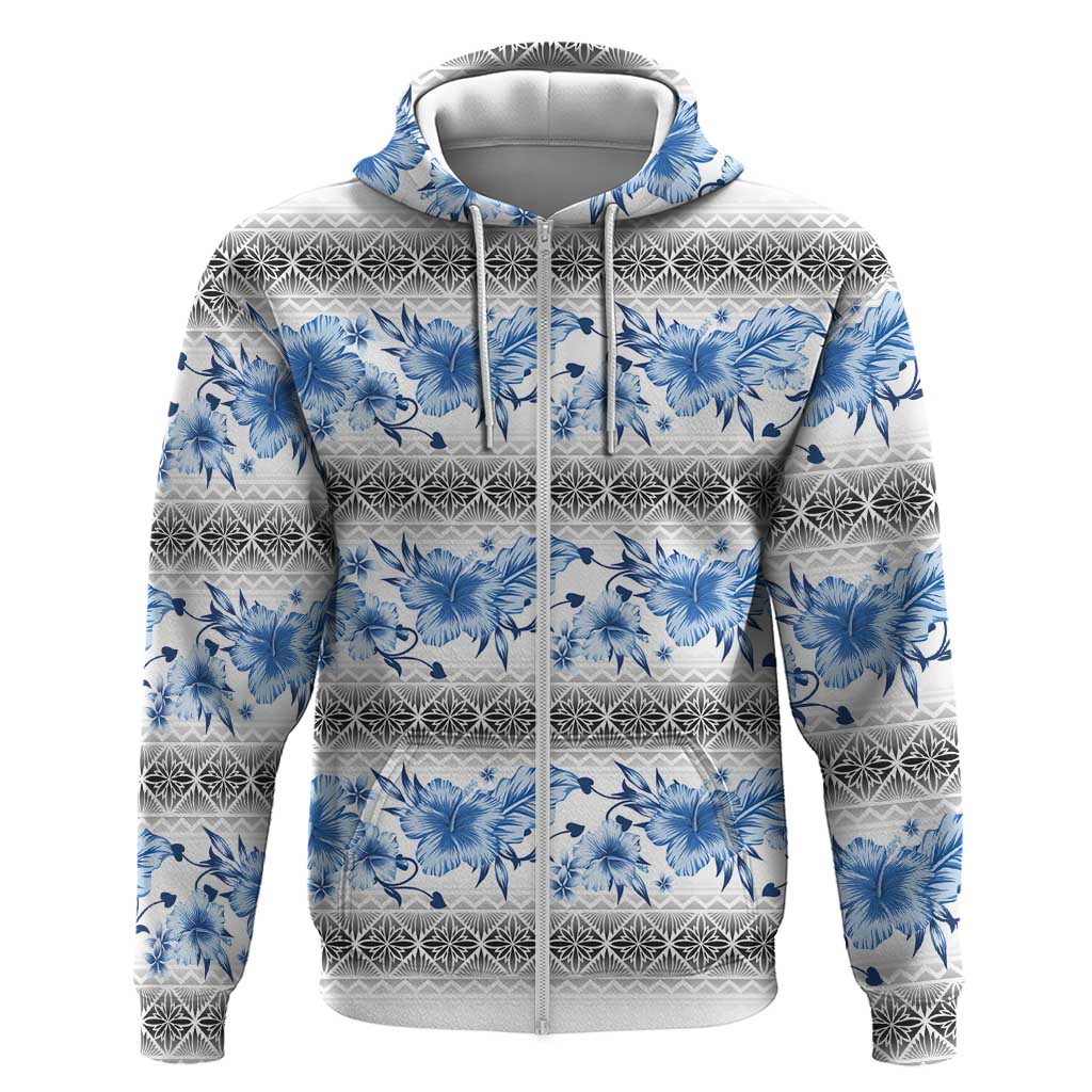 Samoa White Sunday Zip Hoodie Samoan Tapa Blue Hibiscus - Polynesian Pride