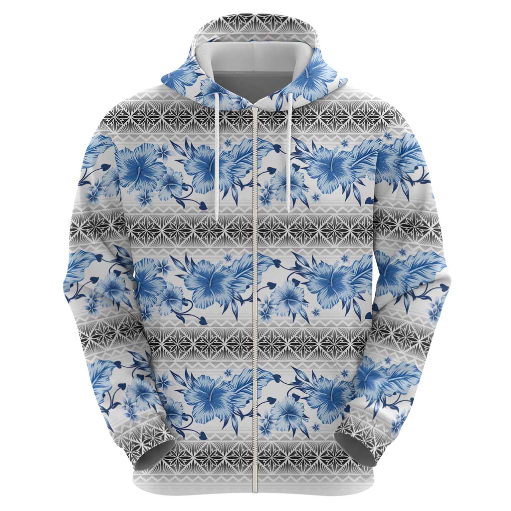 Samoa White Sunday Zip Hoodie Samoan Tapa Blue Hibiscus - Polynesian Pride