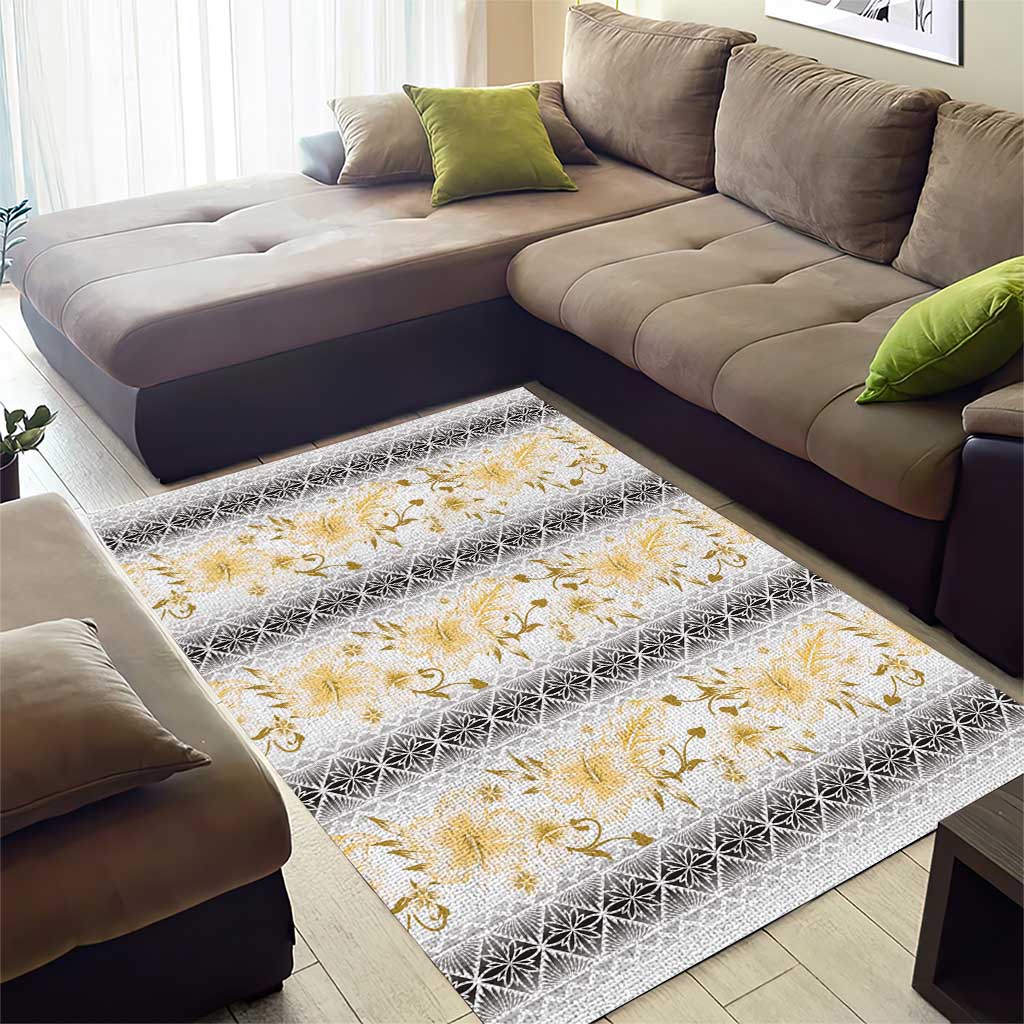 Samoa White Sunday Area Rug Samoan Tapa Yellow Hibiscus - Polynesian Pride