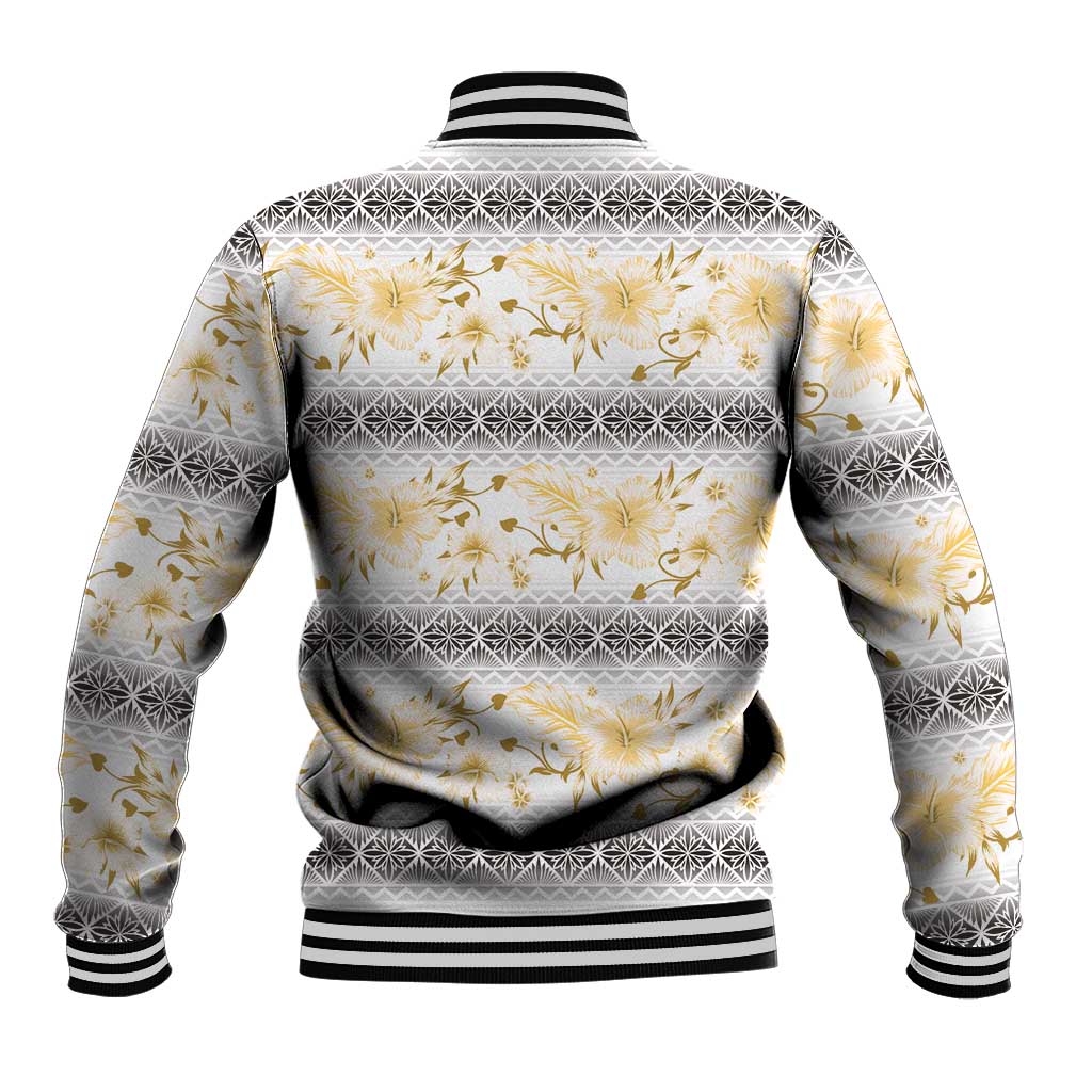 Samoa White Sunday Baseball Jacket Samoan Tapa Yellow Hibiscus - Polynesian Pride