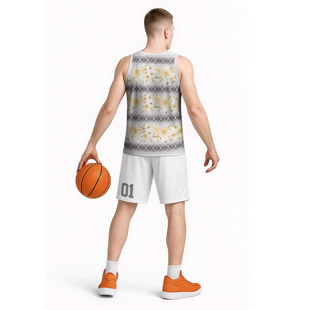 Samoa White Sunday Basketball Jersey Samoan Tapa Yellow Hibiscus - Polynesian Pride