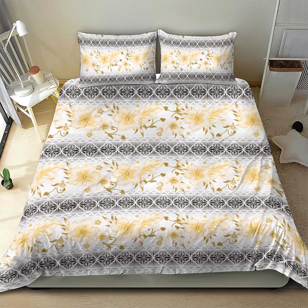 Samoa White Sunday Bedding Set Samoan Tapa Yellow Hibiscus - Polynesian Pride