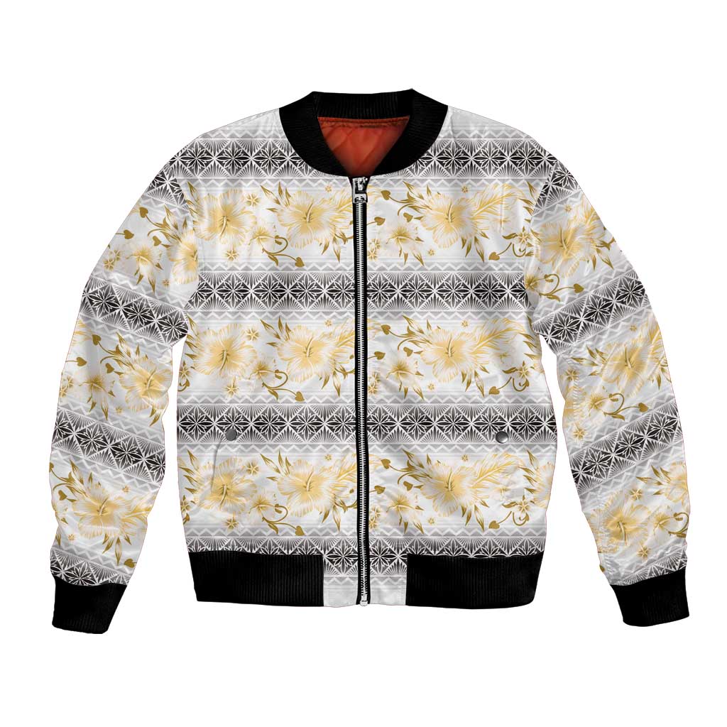 Samoa White Sunday Bomber Jacket Samoan Tapa Yellow Hibiscus - Polynesian Pride