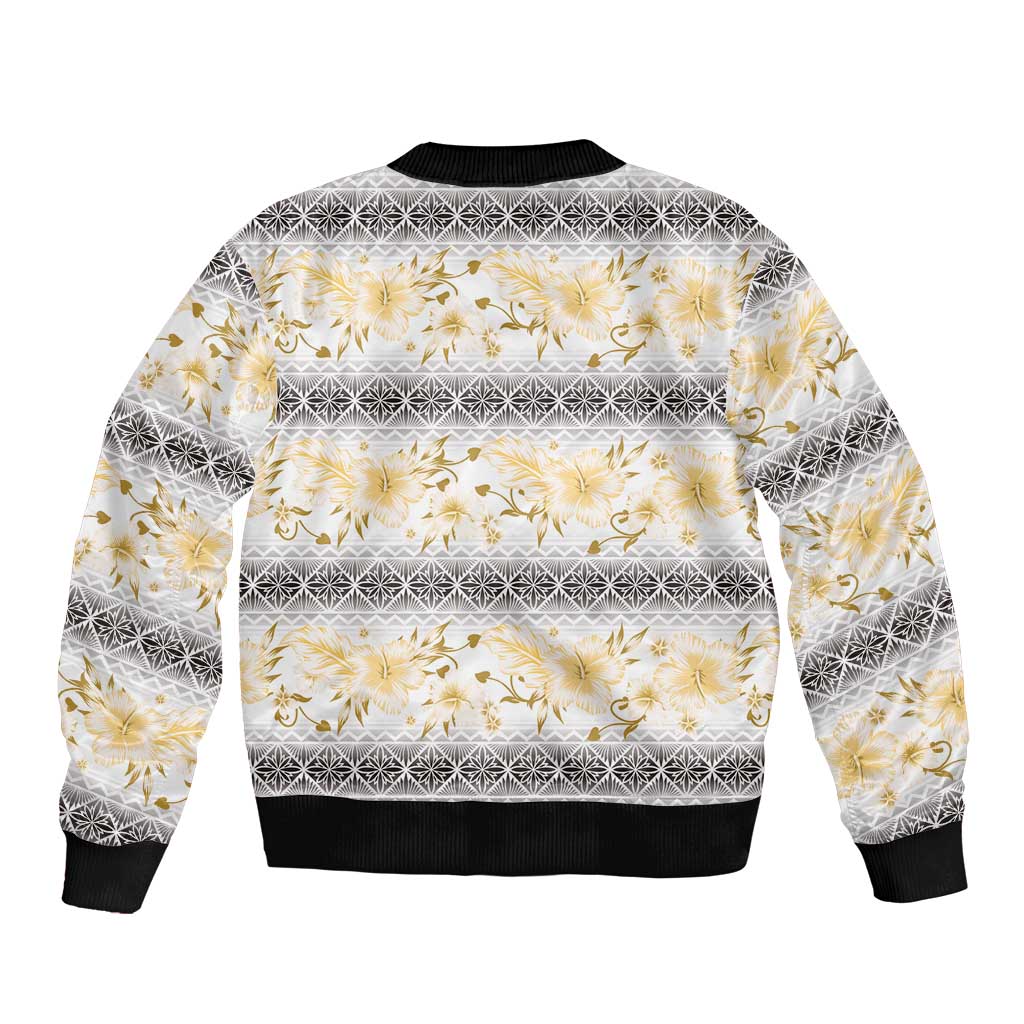 Samoa White Sunday Bomber Jacket Samoan Tapa Yellow Hibiscus - Polynesian Pride
