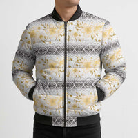 Samoa White Sunday Bomber Puffer Jacket Samoan Tapa Yellow Hibiscus - Polynesian Pride
