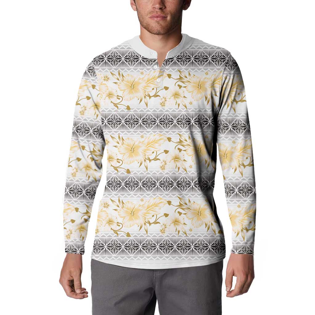 Samoa White Sunday Button Sweatshirt Samoan Tapa Yellow Hibiscus - Polynesian Pride