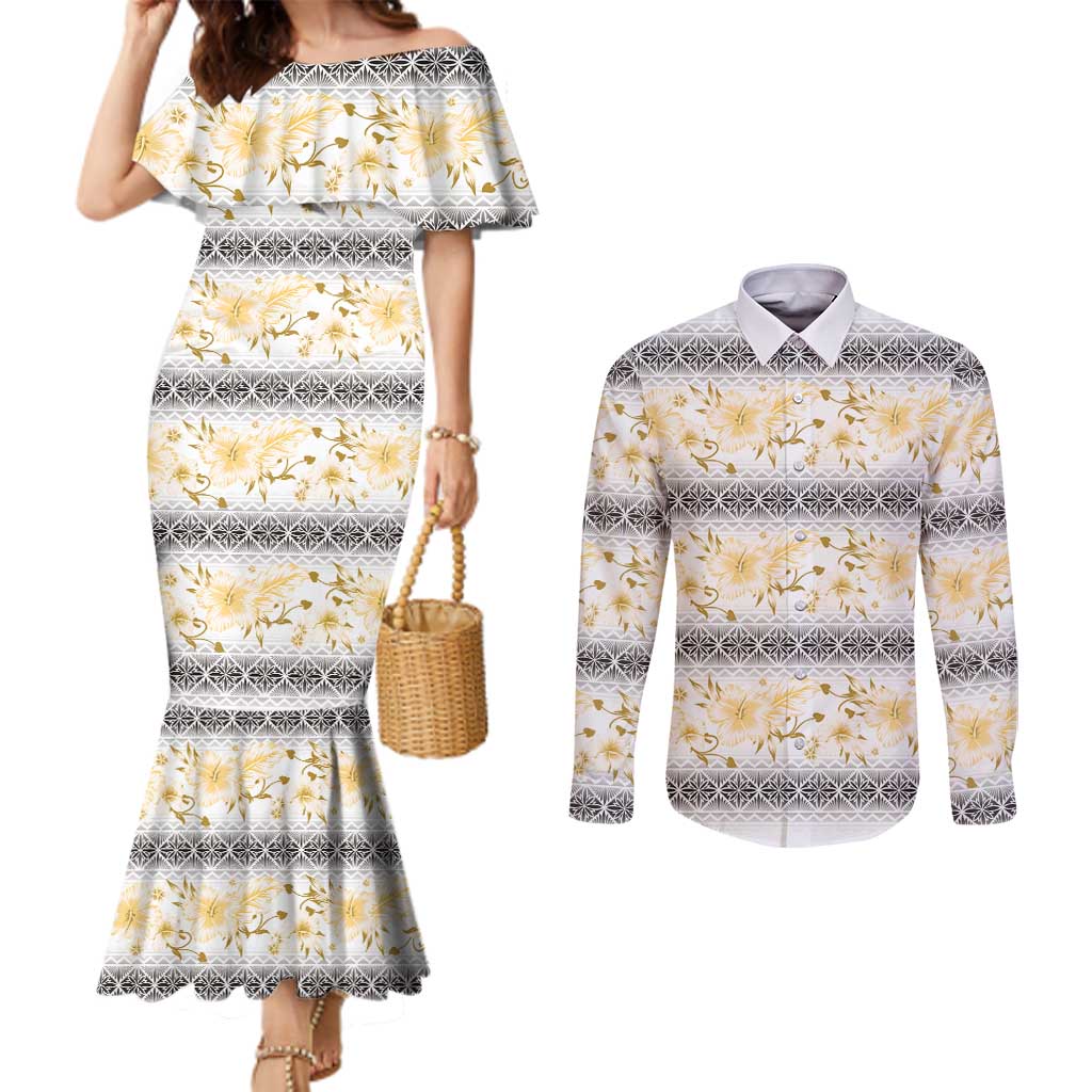Samoa White Sunday Couples Matching Mermaid Dress and Long Sleeve Button Shirt Samoan Tapa Yellow Hibiscus - Polynesian Pride